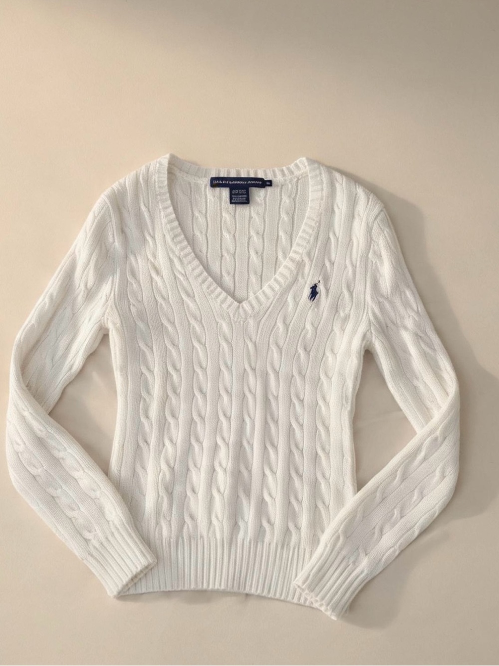 Ralph Lauren White Cable-Knit V-Neck Sweater with Navy Pony